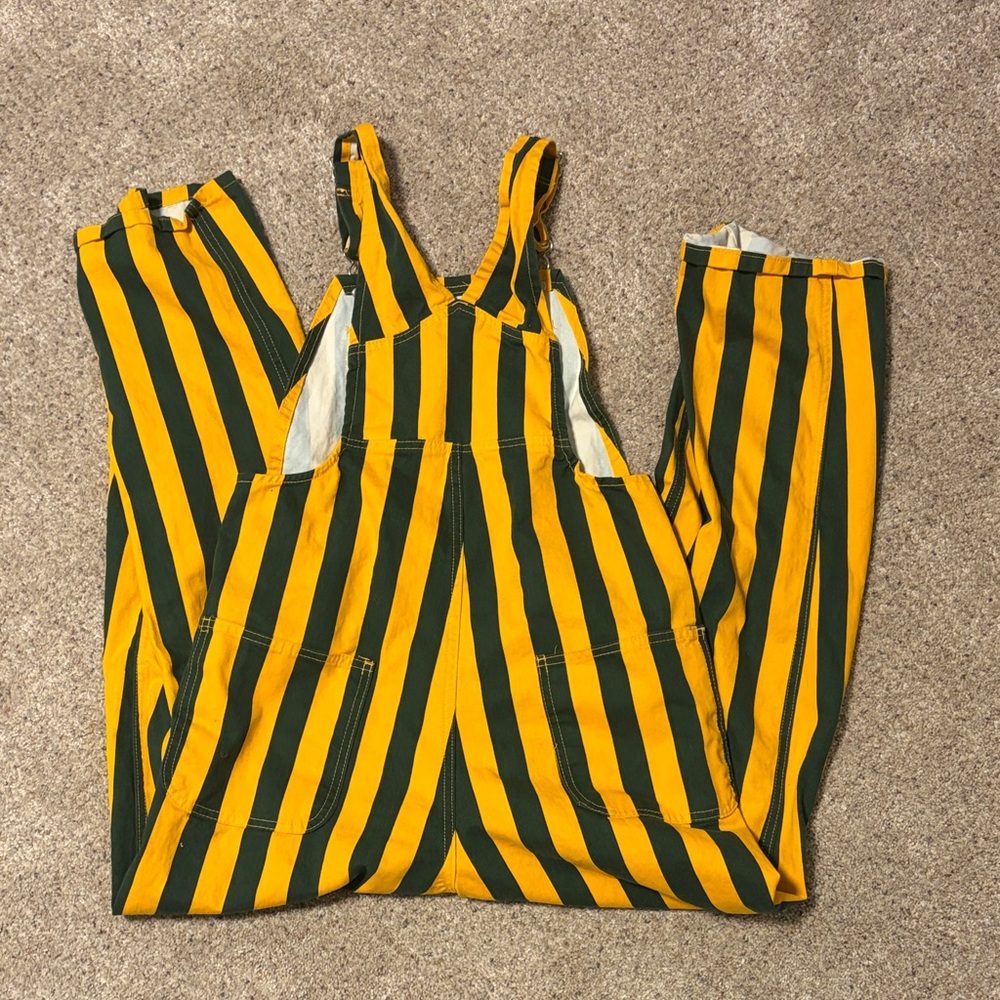 Striped Yellow & Dark Green Cotton Overalls - Picture 2 of 3